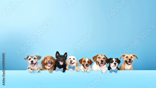 group of cute puppies dog on blue background