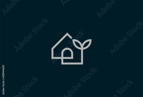 Home Logo, minimalist home with leaf in line art, vector illustration