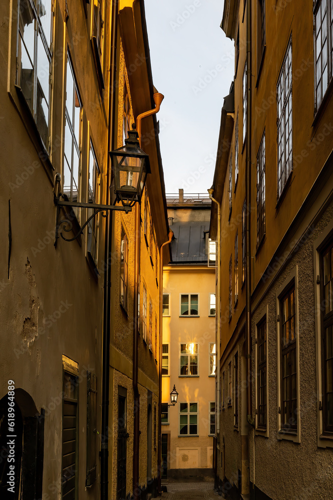 Stockholm, Sweden A narrow cobblestones street in Gamla Stan or Old Town on Ankargrand.