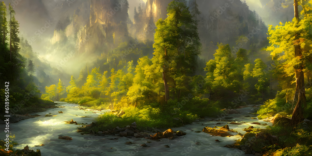 Mountainous background with a clear river in the centre and big trees beside it, generative ai Mountainous background with a clear river in the centre and big trees beside it, generative ai