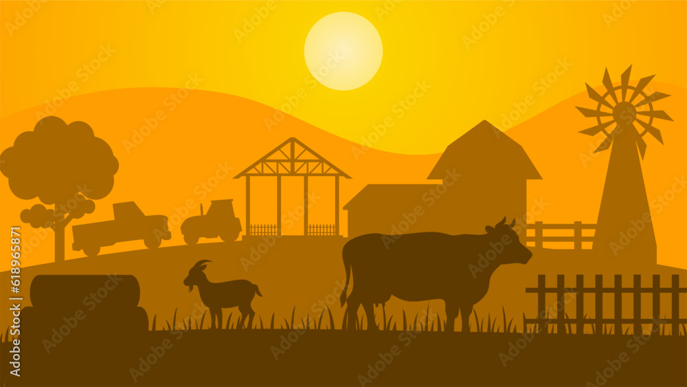 Countryside landscape vector illustration. Farm silhouette landscape ...