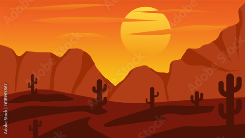 Desert landscape vector illustration. Canyon desert landscape with cactus, ridge and sunset sky. American desert silhouette landscape for background, wallpaper, display or landing page