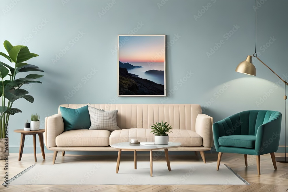 A beautiful canvas frame 3D mockup in modern living room, bed room, kitchen, bathroom interior, Created with AI A beautiful canvas frame 3D mockup in modern living room, bed room, kitchen, bathroom interior, Created with AI