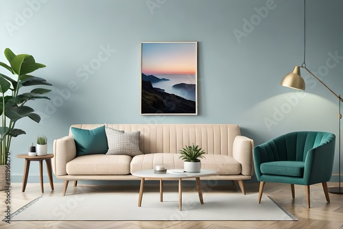 A beautiful canvas frame 3D mockup in modern living room, bed room, kitchen, bathroom interior, Created with AI © Mehram