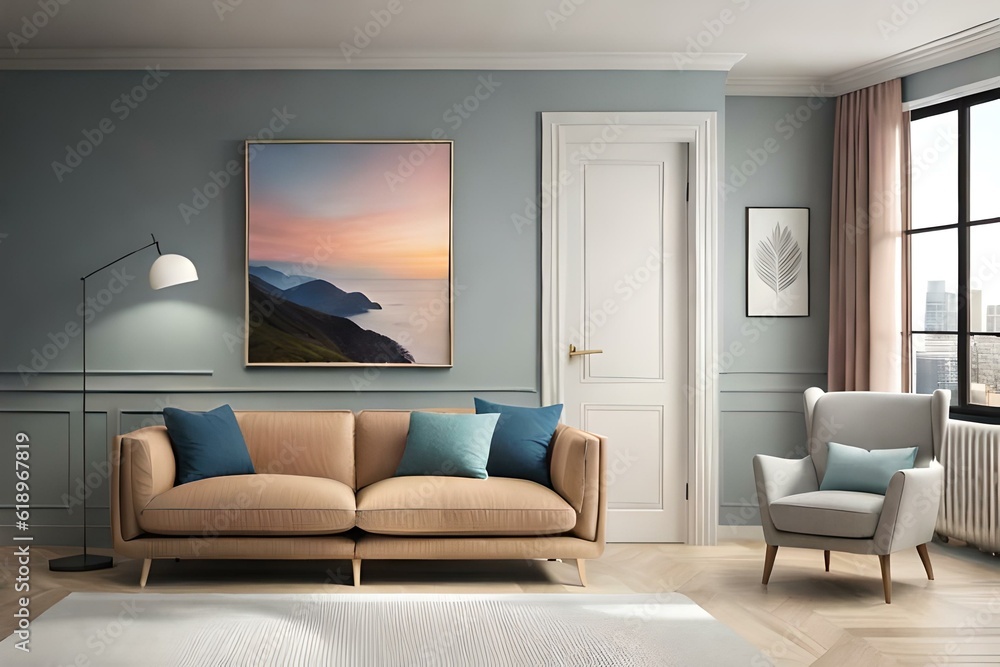 Fototapeta premium A beautiful canvas frame 3D mockup in modern living room, bed room, kitchen, bathroom interior, Created with AI