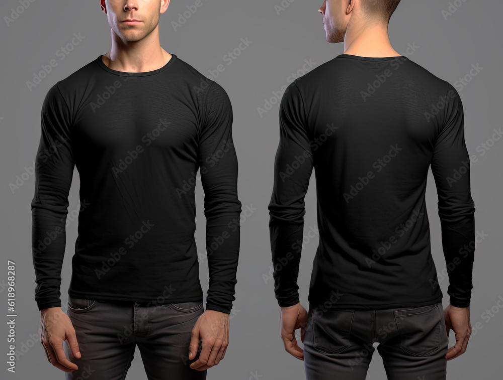 Man wearing a black T-shirt with long sleeves. Front and back view Man wearing a black T-shirt with long sleeves. Front and back view