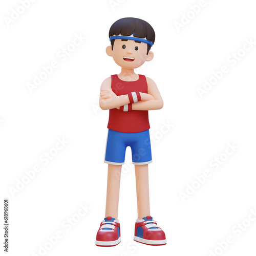 3D Sportsman Character Exuding Confidence with Arms Crossed Pose in a Dynamic Setting