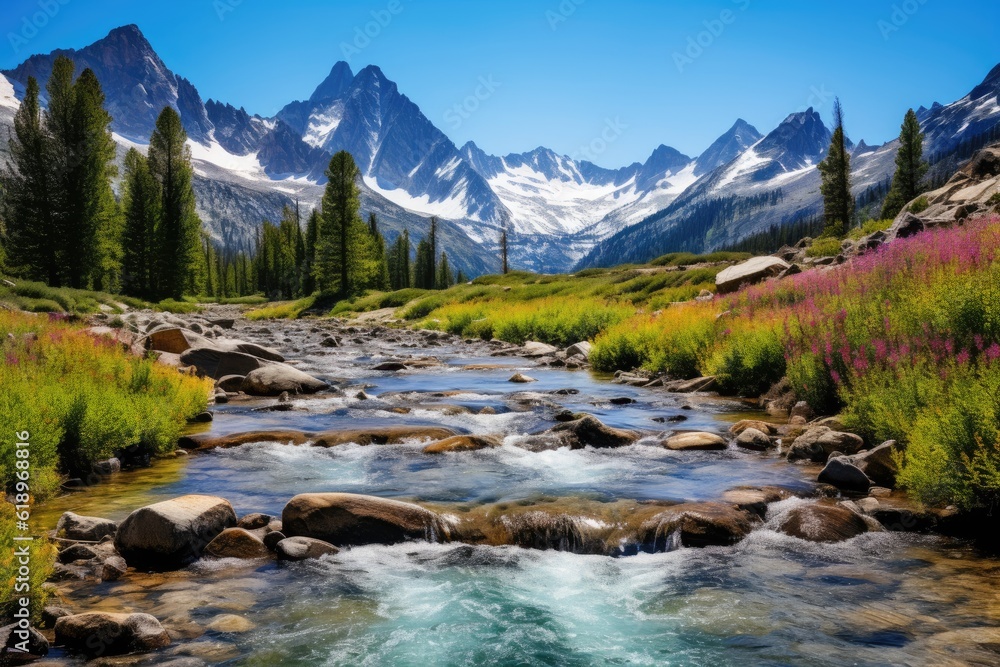 Waterway Wonders An Alluring Background of a Mountain Creek - Framed by Snow-Capped Peaks, Smooth Rocks, and the Gentle Ripples Painting a beautiful Wallpaper Created with Generative AI Technology