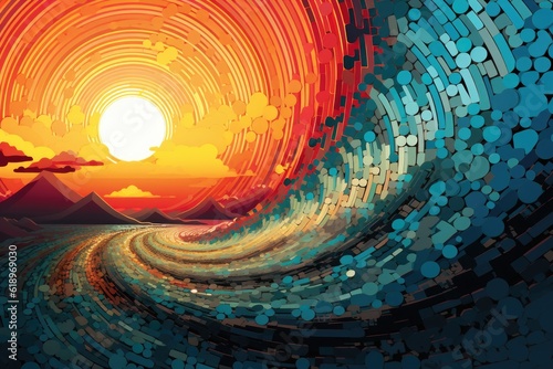 An Artful Screenprint of a Sunrise Rendered in Vector Art, Illustrating the Harmonious Fusion of Nature's Beauty with the Intricacy of the Fibonacci Sequence Created with Generative AI Technology