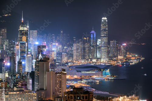 Gorgeous night aerial view of skyscrapers in Hong Kong