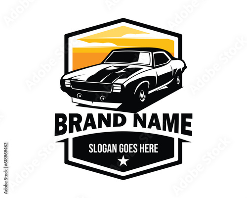 old camaro car silhouette. front view on white background with amazing sunset view. Best for logo, badge, emblem, icon, design sticker, vintage car industry.