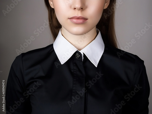 Upper body of a beautiful young female secretary, close-up. Generative AI