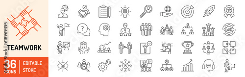 Teamwork editable stroke outline icons set. Business team, management, discussion, interaction, collaboration, teamwork and solution. Vector illustration.