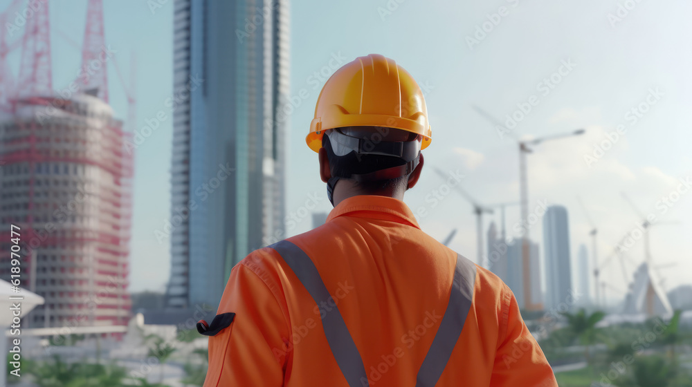 Industry worker from behind with orange safety jacket Industry worker from behind with orange safety jacket