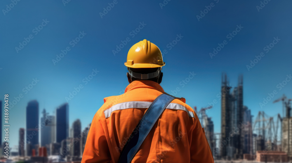 Industry worker from behind with orange safety jacket Industry worker from behind with orange safety jacket