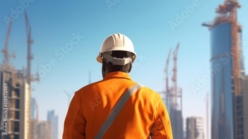 Industry worker from behind with orange safety jacket
