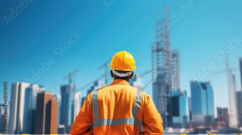 Industry worker from behind with orange safety jacket