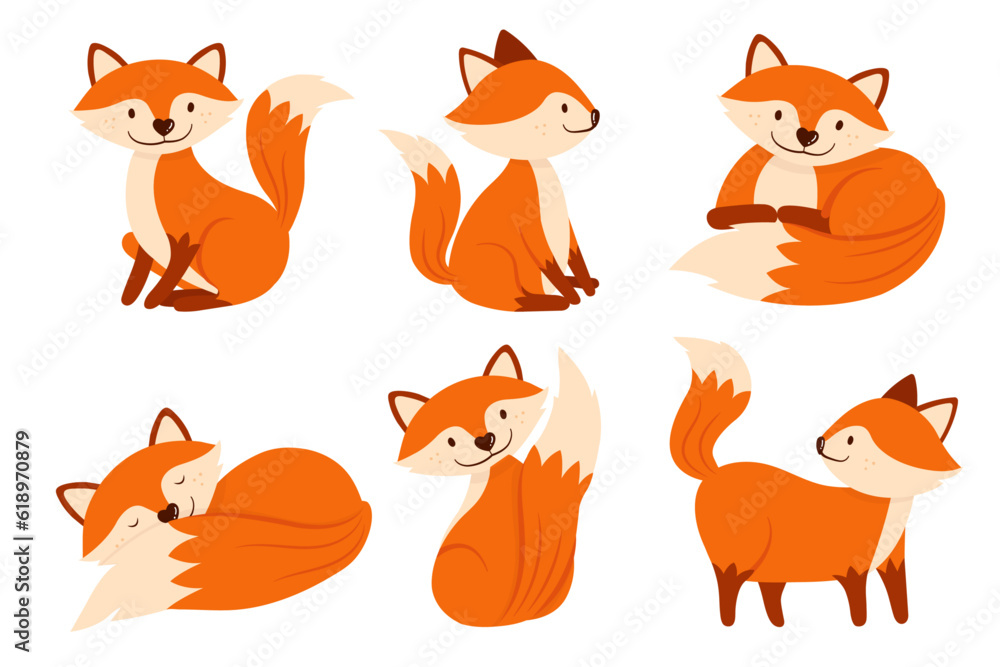 Fototapeta premium Set of cute cartoon fox in different actions. Vector in flat style.