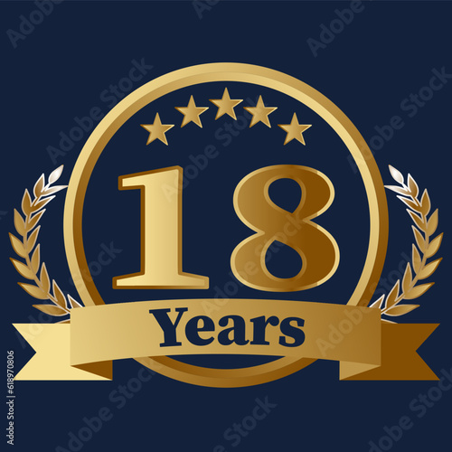 18 Years Anniversary on gold with stars and laurels