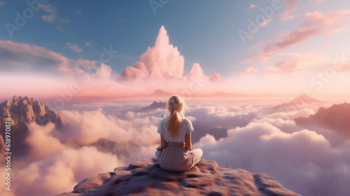 Girl sits with her back on top of a mountain and looks at pink clouds and a castle in the distance