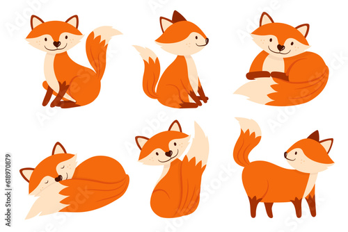 Set of cute cartoon fox in different actions. Vector in flat style. © sunisa