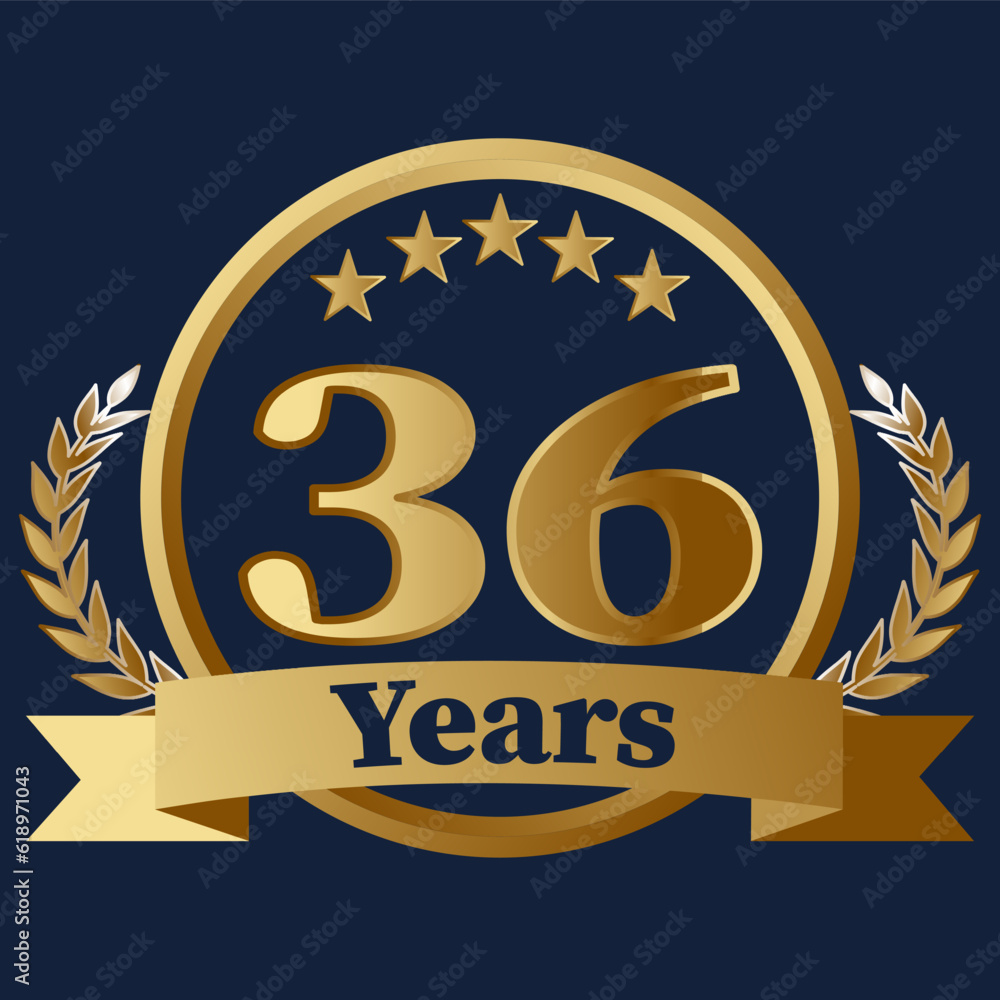 36 Years Anniversary on gold with stars and laurels