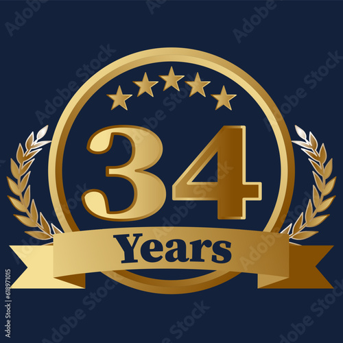 34 Years Anniversary on gold with stars and laurels