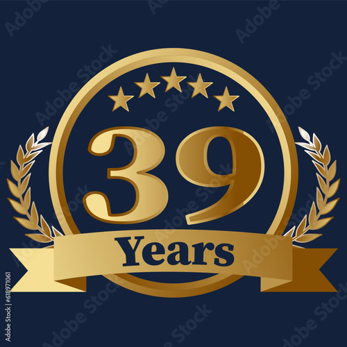 39 Years Anniversary on gold with stars and laurels