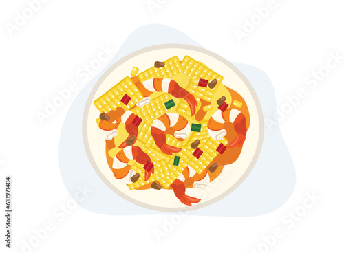 spicy cooked shrimp salad with corn. Thai food, Seafood.  Top view. Flat vector cartoon illustrtion