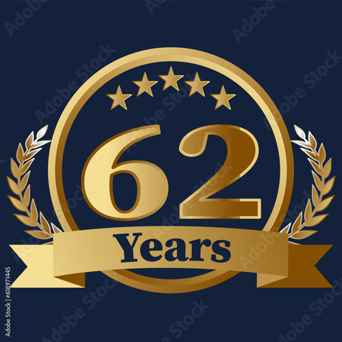 62 Years Anniversary on gold with stars and laurels