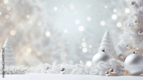 Christmas banner with blank space for text, xmas tree and sparkle bokeh lights on white canvas background