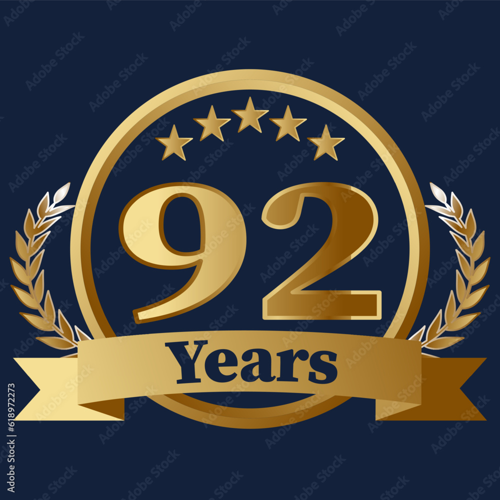 Fototapeta premium 92 Years Anniversary on gold with stars and laurels