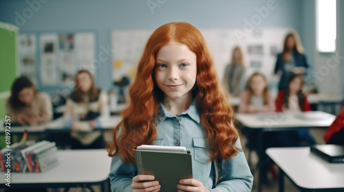 Create a portrait of a girl with smooth red hair sitting in a classroom