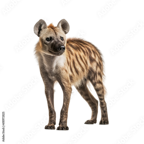 portrait of a hyena standing in front of white background