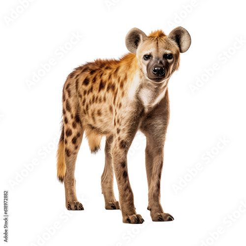 portrait of a hyena standing in front of white background
