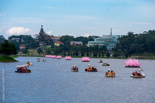 Beautiful morning by Xuan Huong Lake, Da Lat city center, Lam Dong province, Vietnam