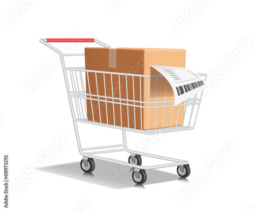 parcel box or cardboard box place in shopping cart or trolley and paper receipts or invoices flow out after customer finishes paying