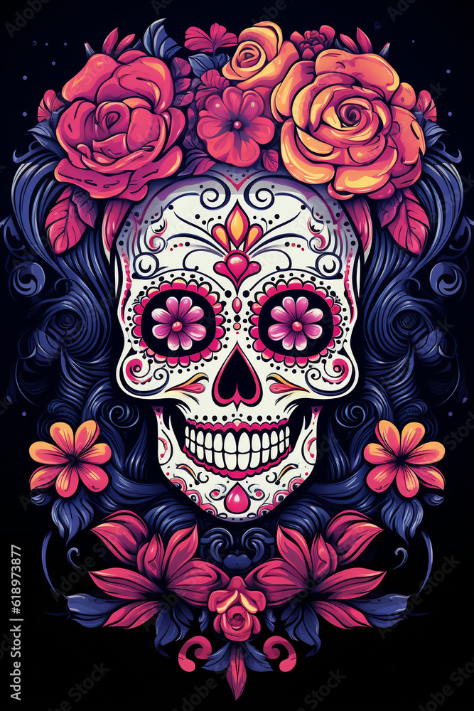 La Catrina dia de muertos Skull. Bemalter Schädel in lila, rot und orange mit Blumen. Tag der Toten in Mexico. Hochkant. Hochformat. Generative Ai.