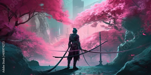 Samurai in beautiful sakura background, modern samurai standing in Sakura tree garden with swords, digital art style, illustration painting. ai generative