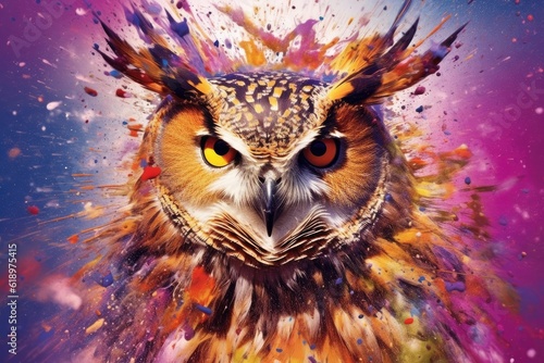 owl  form and spirit through an abstract lens. dynamic and expressive owl print by using bold brushstrokes, splatters, and drips of paint. owl raw power and untamed energy © PinkiePie