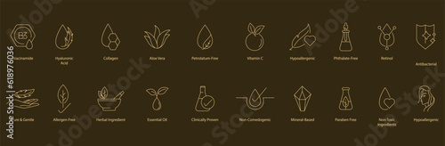 Vector Icons for Skincare Ingredients: Niacinamide, Hyaluronic Acid, Collagen, Aloe Vera, Petroleum-Free, Vitamin C, Retinol, Omega-3, Non-Comedogenic, AHA, Beta Hydroxy Acid, Salicylic Acid