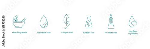 Embracing Natural Beauty: Vector Icons for Herbal, Petroleum-Free, Allergen-Free, and Non-Toxic Skincare Ingredients