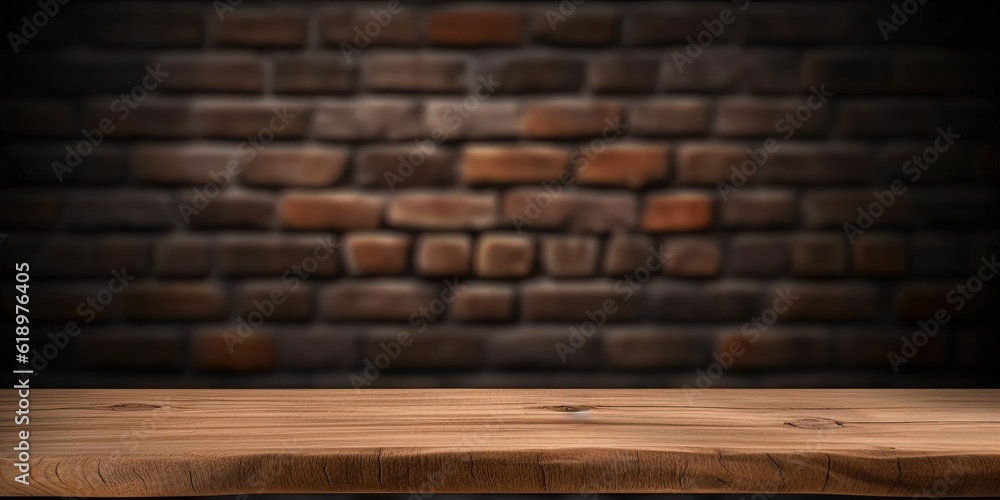 Selected focus empty brown wooden table and wall texture or old black brick wall blur background image. for your photomontage or product display. ai generative Selected focus empty brown wooden table and wall texture or old black brick wall blur background image. for your photomontage or product display. ai generative
