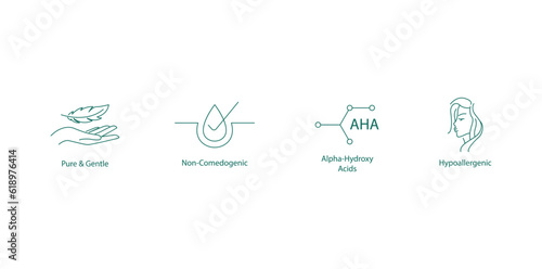 Pure and gentle,
Non-comedogenic,
AHA (Alpha Hydroxy Acid),
Hypoallergenic icons vector illustration 