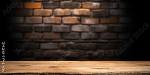 Selected focus empty brown wooden table and wall texture or old black brick wall blur background image. for your photomontage or product display. ai generative