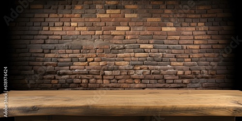 Selected focus empty brown wooden table and wall texture or old black brick wall blur background image. for your photomontage or product display. ai generative © YuDwi Studio