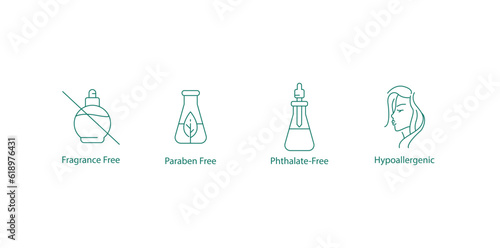fragrance free, praben free, phthalate free, hypoallergenic icons vector 