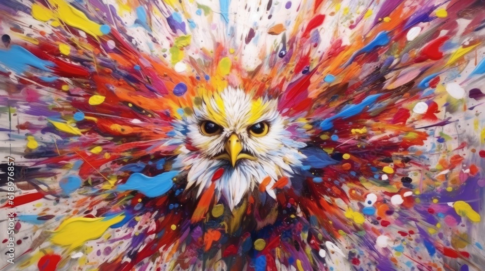 owl  form and spirit through an abstract lens. dynamic and expressive owl print by using bold brushstrokes, splatters, and drips of paint. owl raw power and untamed energy