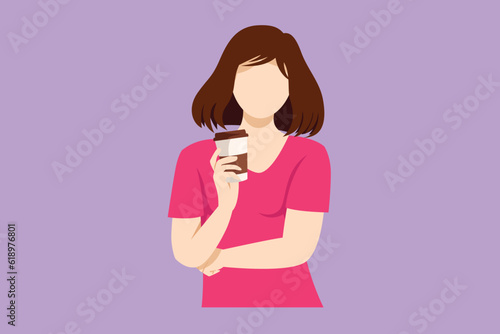 Cartoon flat style drawing young beautiful female college student standing wearing casual shirt holding a paper cup of coffee drink. Drinking tea zero waste concept. Graphic design vector illustration