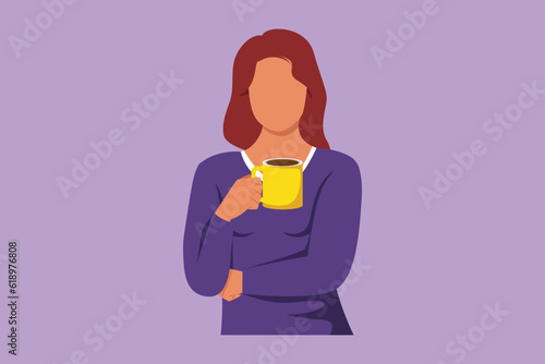 Graphic flat design drawing of beautiful business woman holding and showing coffee cup sitting in the coffee shop. Business dress code. Enjoy relax time after office. Cartoon style vector illustration